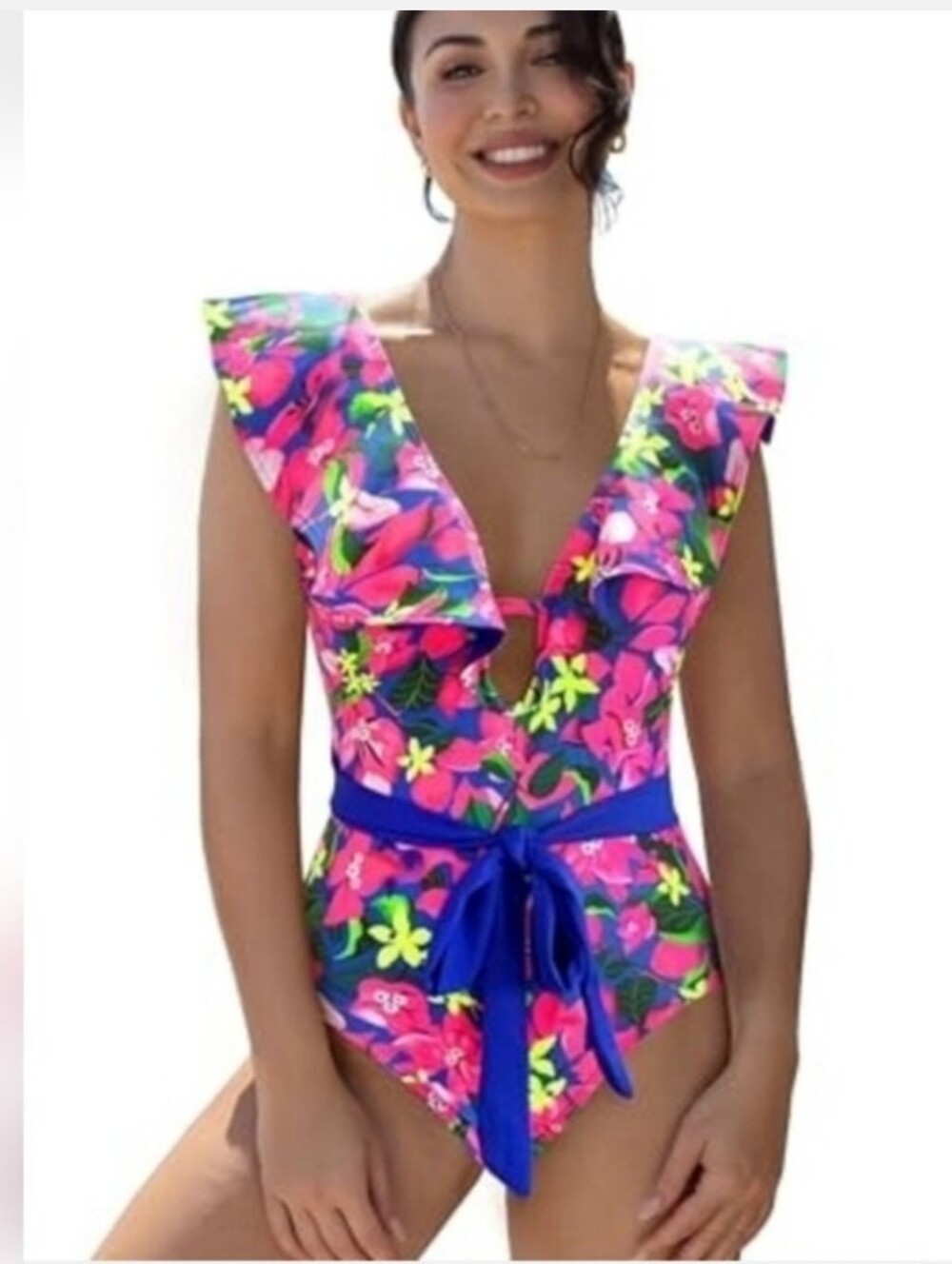Ruffled V-Neck Floral One-Piece Swimsuit in Pink. Size Small NWT